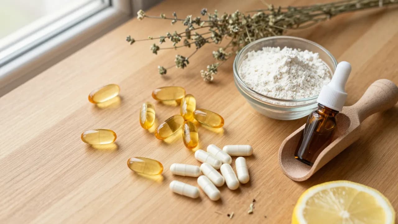 Overhead flat-lay of supplement capsules, fish oil softgels, powder, and herbs on warm oak surface