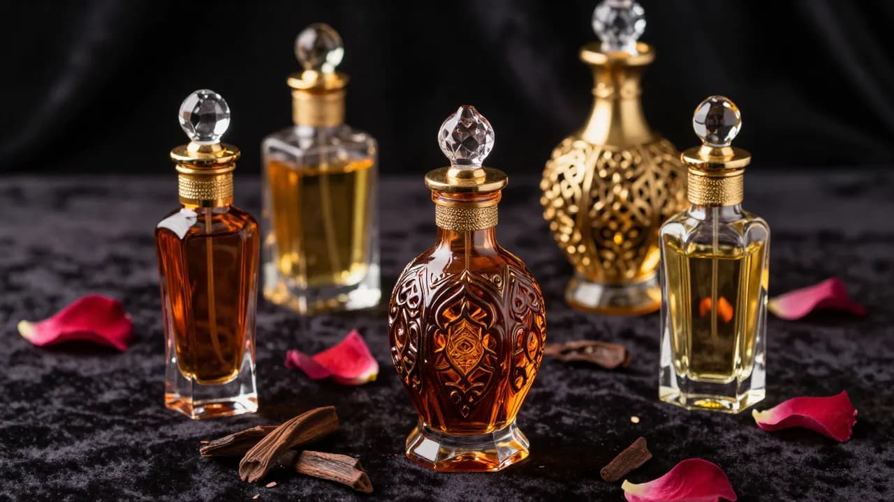 Ornate Arabic perfume bottles in amber and gold glass on dark velvet with rose petals and oud chips