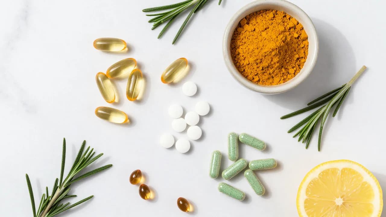 Scattered supplement capsules and turmeric powder on marble surface with rosemary and lemon accents