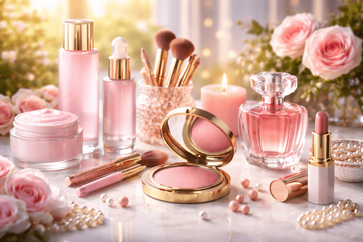 Beauty products including cosmetics, brushes, and skincare