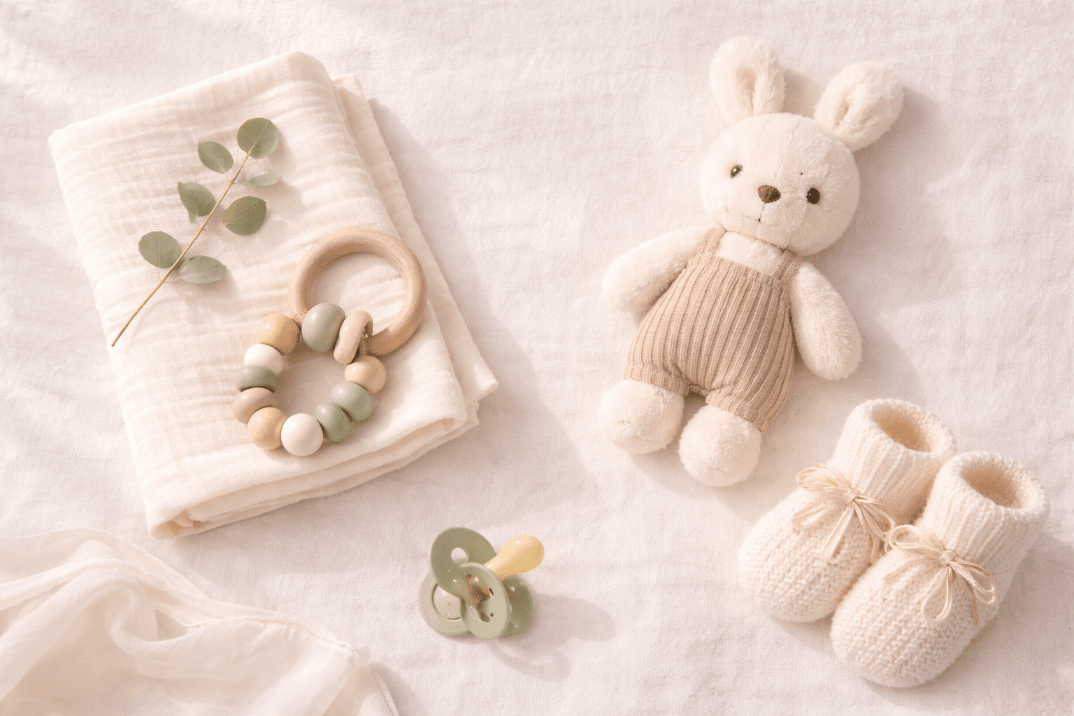 Newborn baby essentials in soft pastels on white blanket