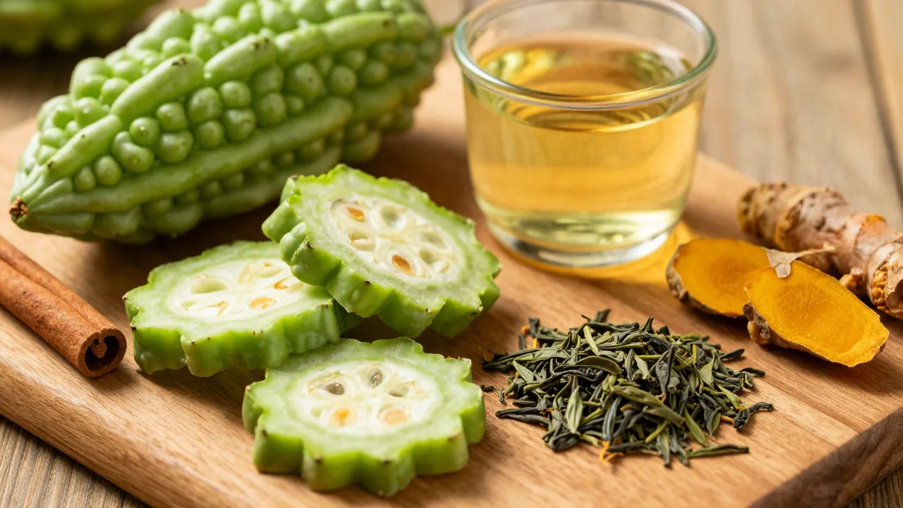 Natural weight loss ingredients — bitter melon, cinnamon sticks, apple cider vinegar, and turmeric