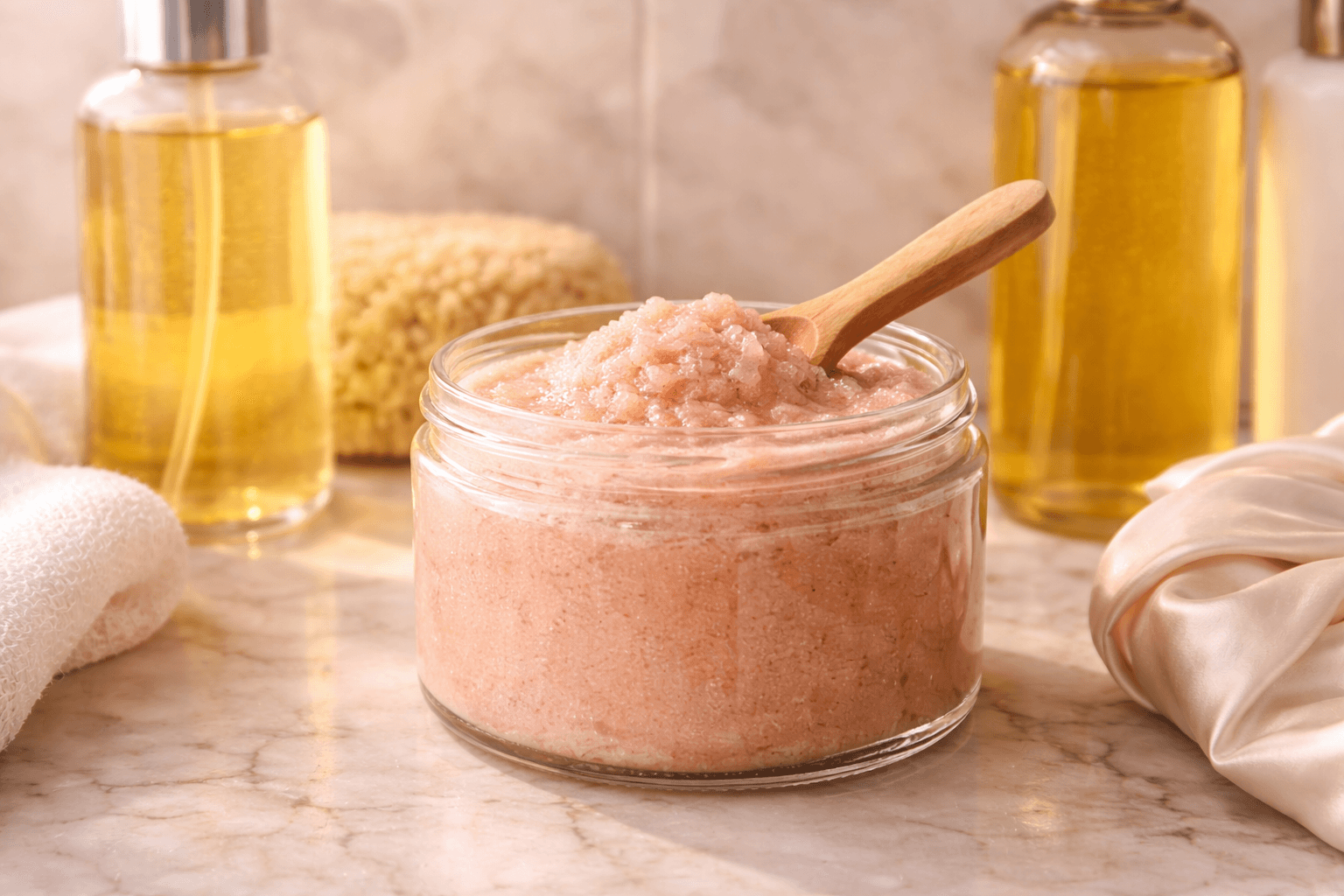 Luxurious body scrub and hair mask products arranged in a steamy shower setting