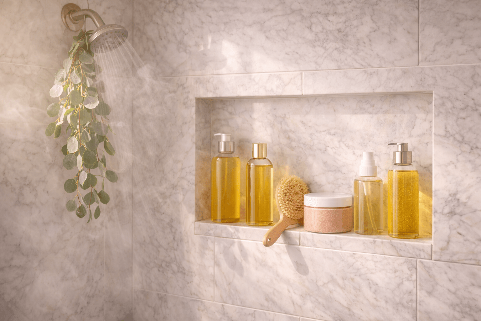 Luxurious shower products arranged on marble shelf with steam and warm lighting