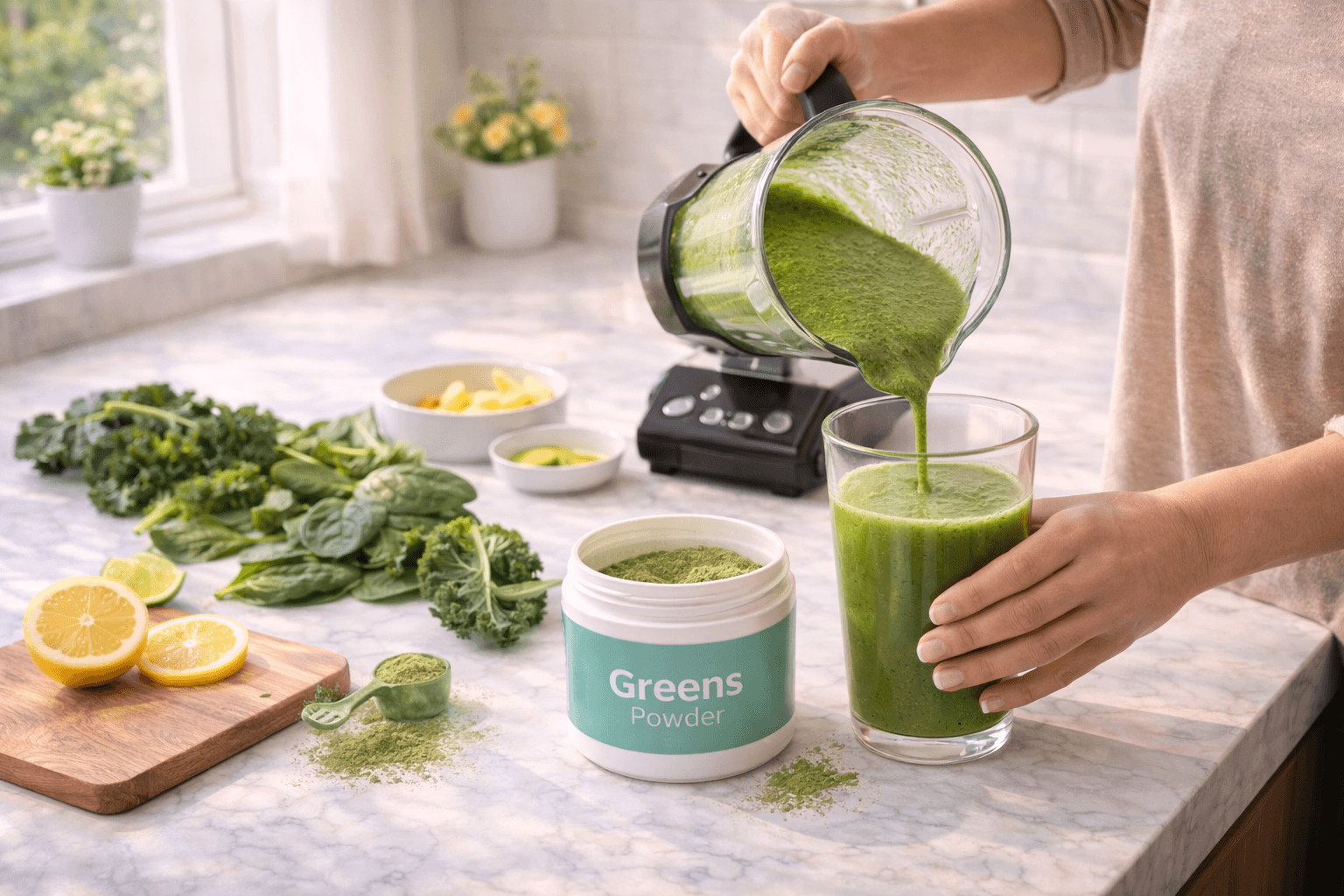 Green smoothie being blended with greens powder supplement in morning kitchen