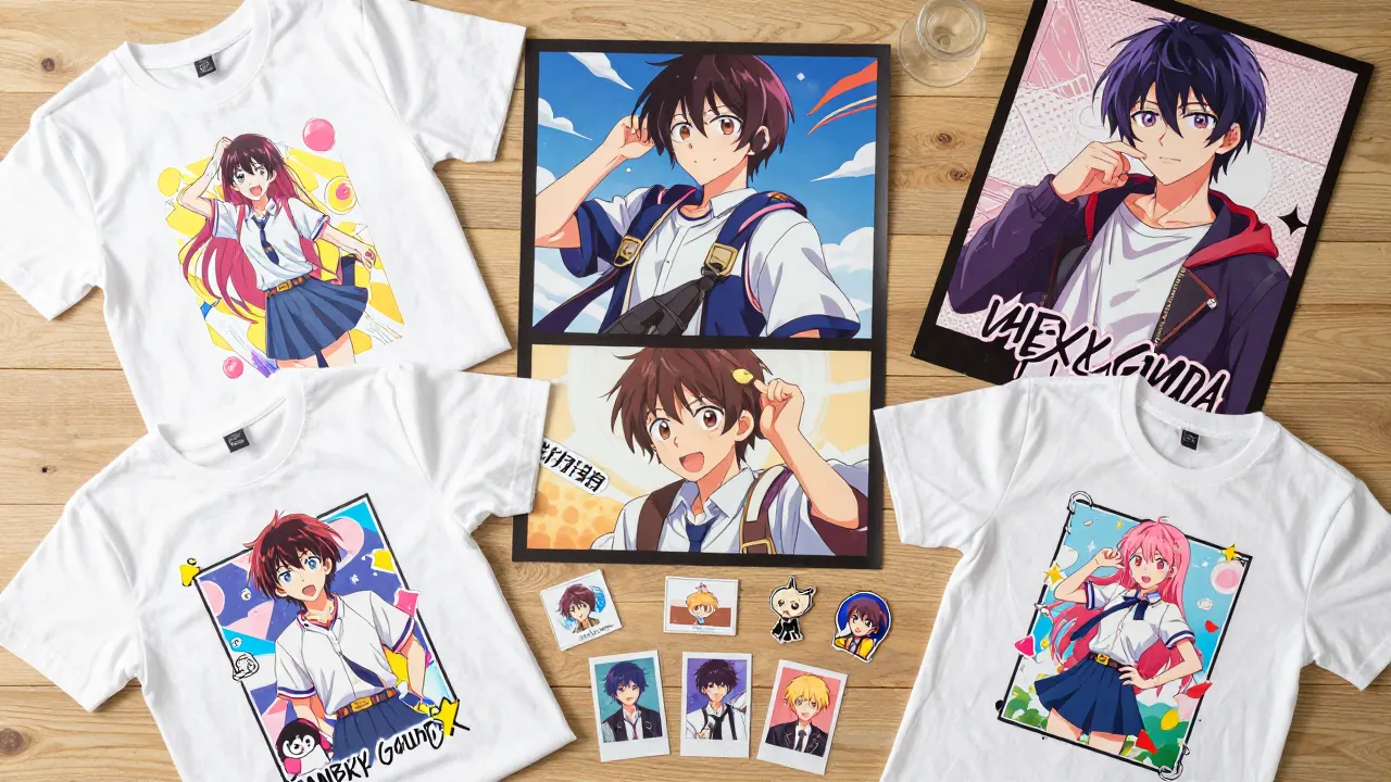 Anime fan merchandise flat lay with t-shirts, posters, stickers, and collectible cards on wooden desk
