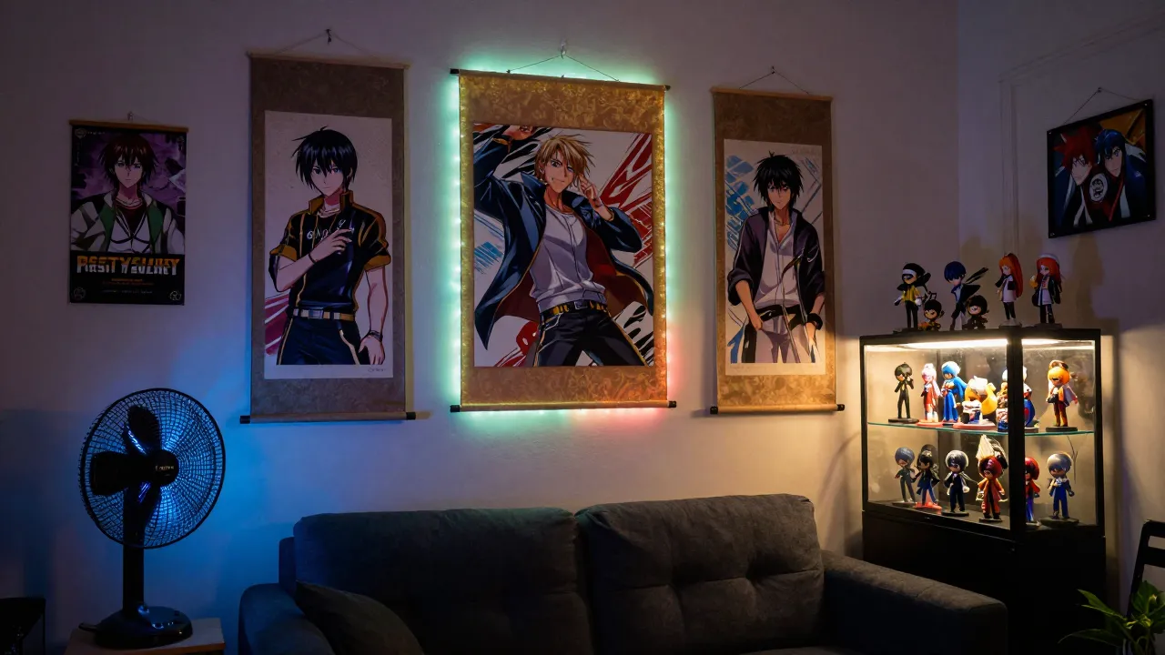 Anime-themed room decor with wall scrolls, LED lights, and collectible display case