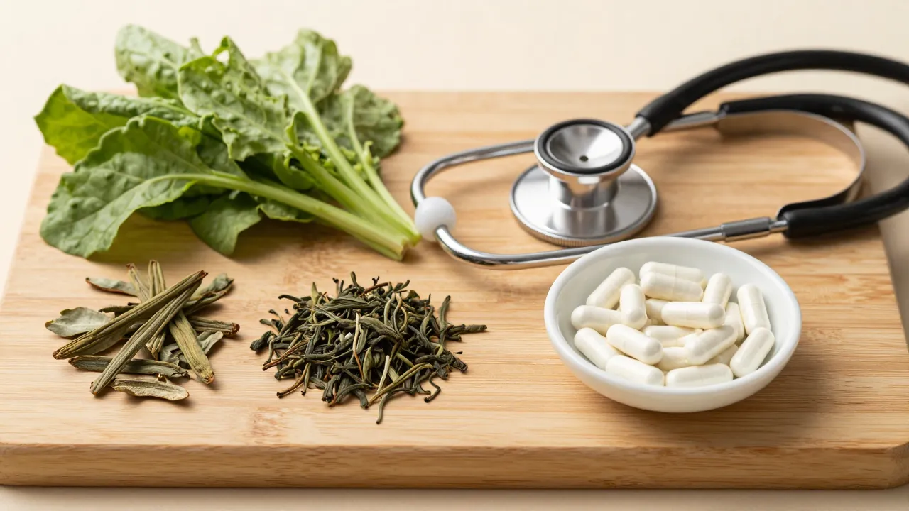 Split composition comparing natural herbs and vegetables with medical stethoscope and capsules