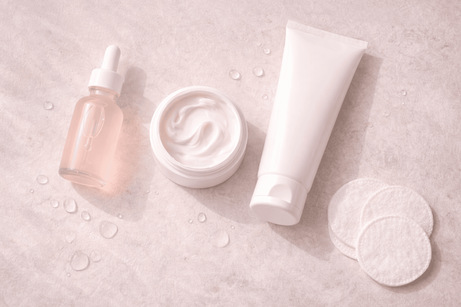 Skincare products and beauty essentials editorial flat lay