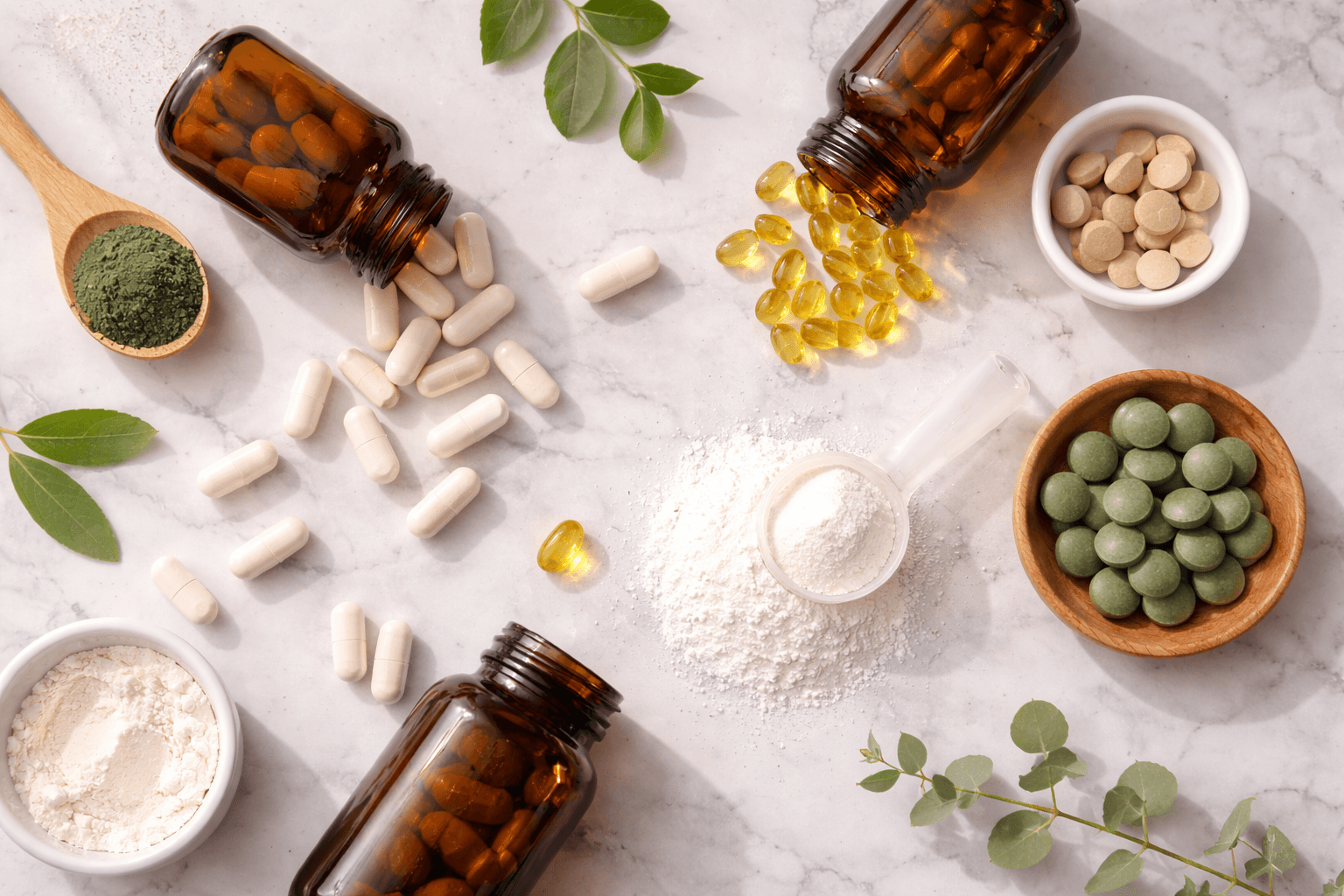 Supplement bottles, capsules, and powder on marble surface
