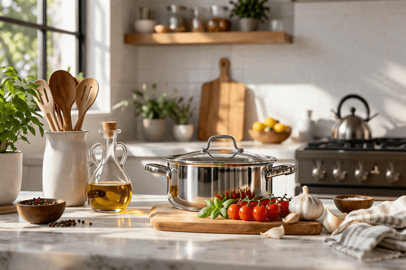 Kitchen essentials including cookware, utensils, and ingredients