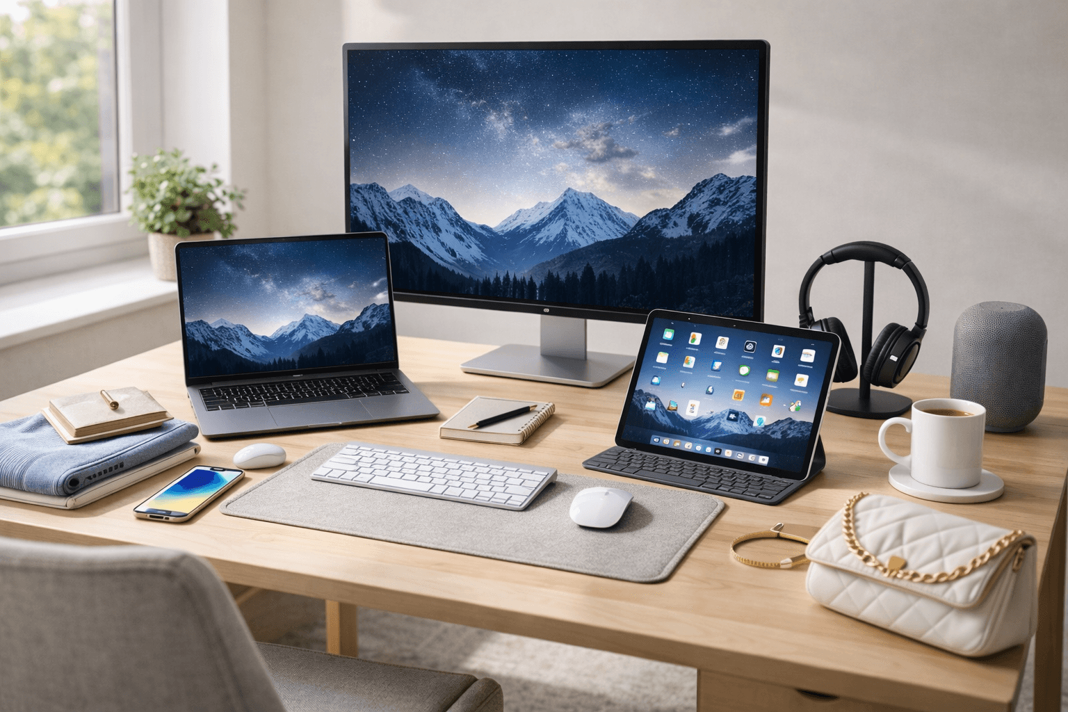 Tech gadgets including laptops, headphones, and smartwatches