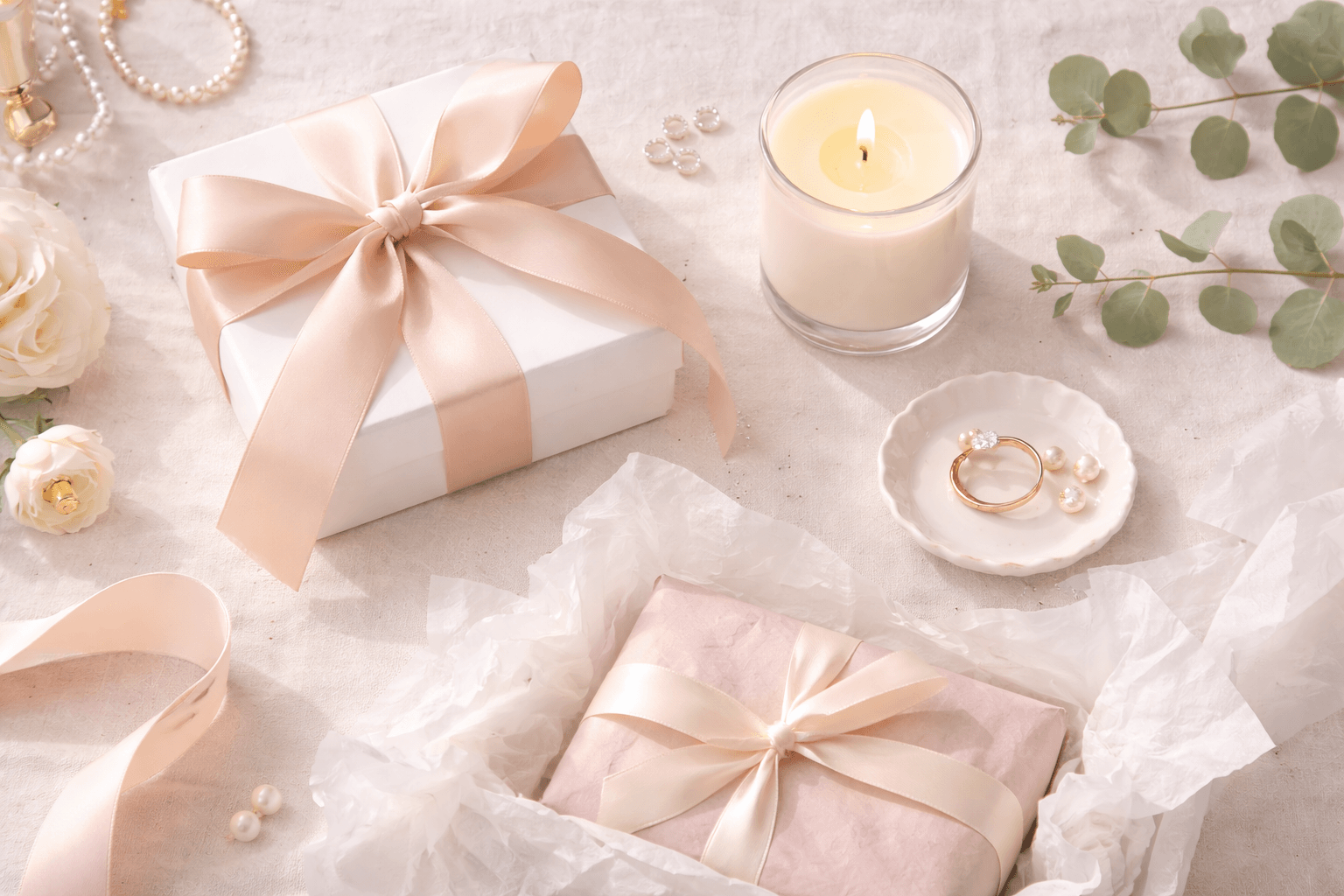 Elegant wedding gifts and accessories on linen