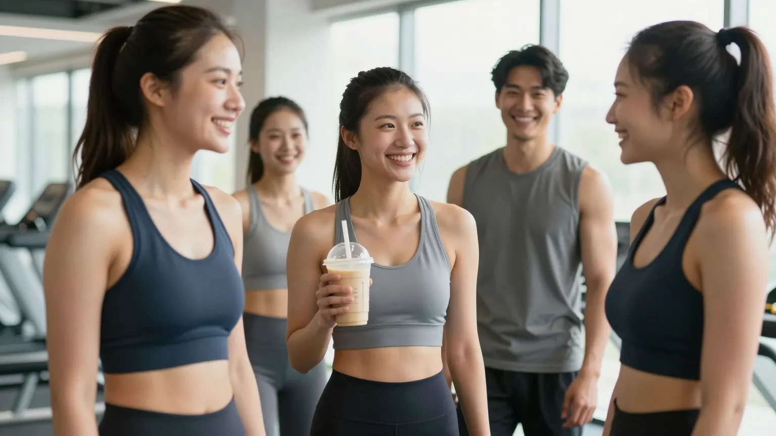 Diverse group of fit young adults training together in a bright modern gym, one holding a protein shake