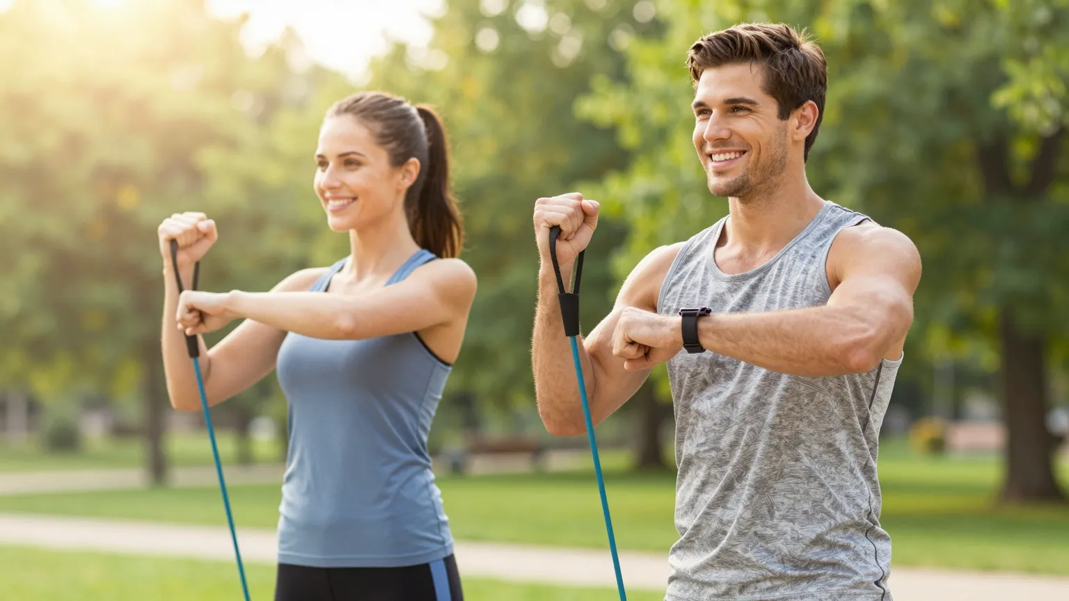 Fit couple exercising outdoors in a sunny summer park with resistance bands and fitness trackers