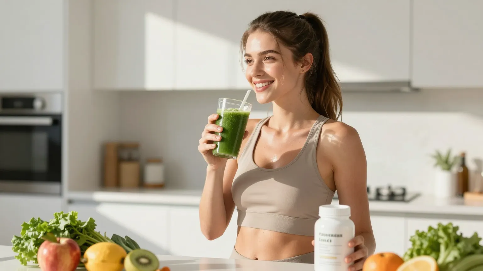 Healthy young woman in a sunlit kitchen with a green smoothie and a daily collagen supplement