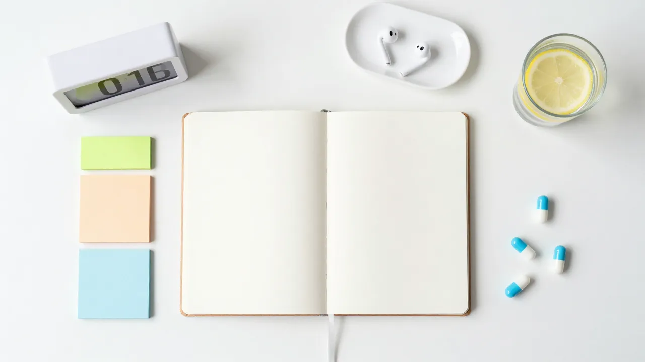 Productivity desk flat-lay with colored sticky notes, earbuds, and loose focus capsules