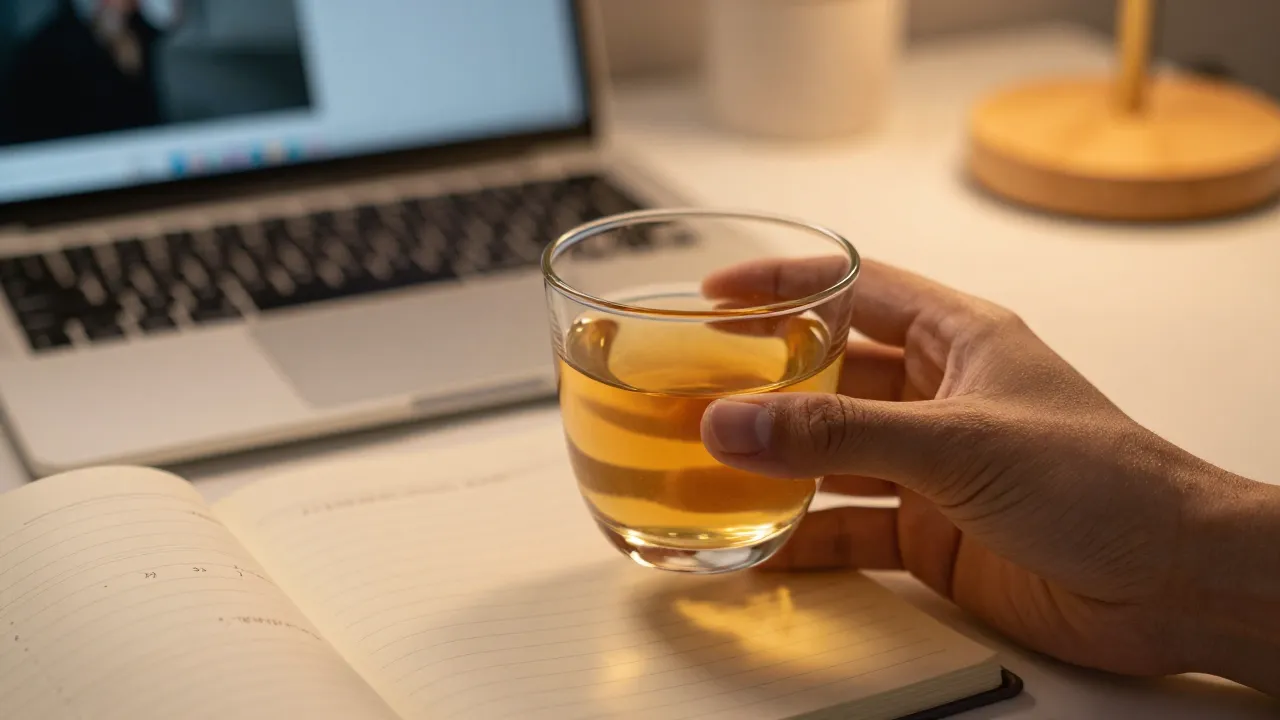 Hand holding glass of golden focus-boosting herbal tea over a desk with open planner