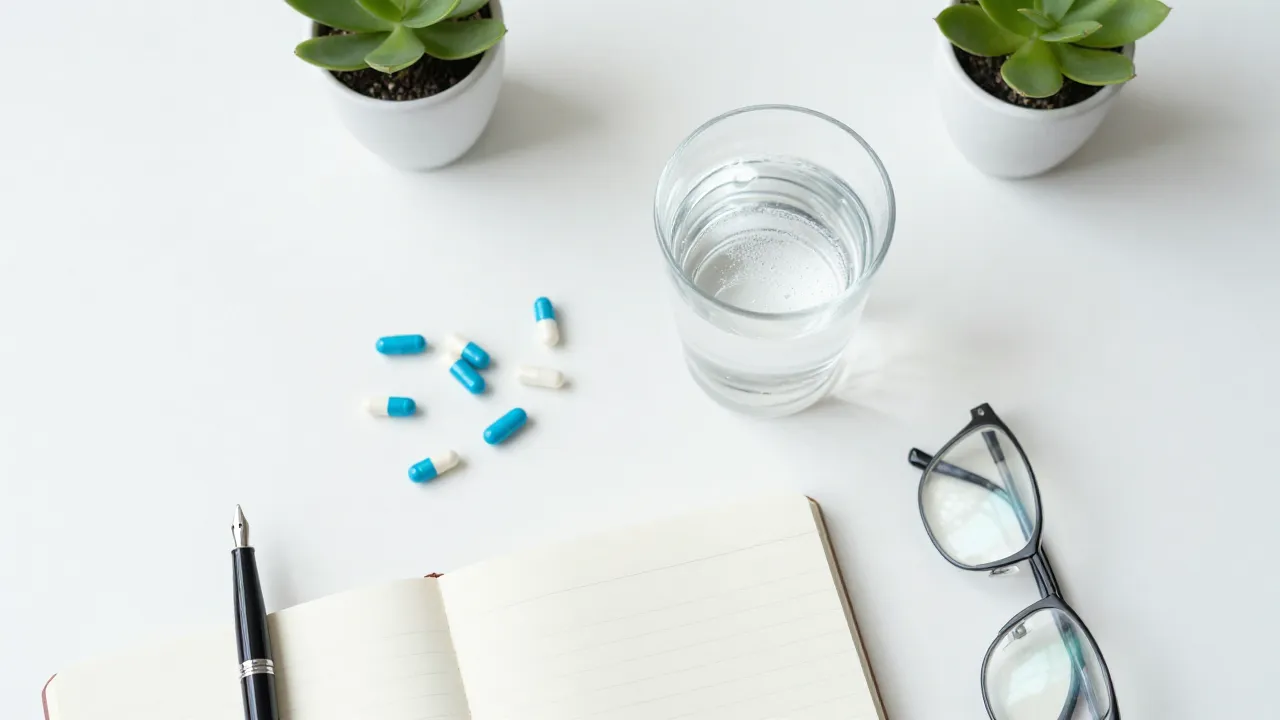 Overhead focus workspace with nootropic capsules, notebook, timer cube, and water with lemon