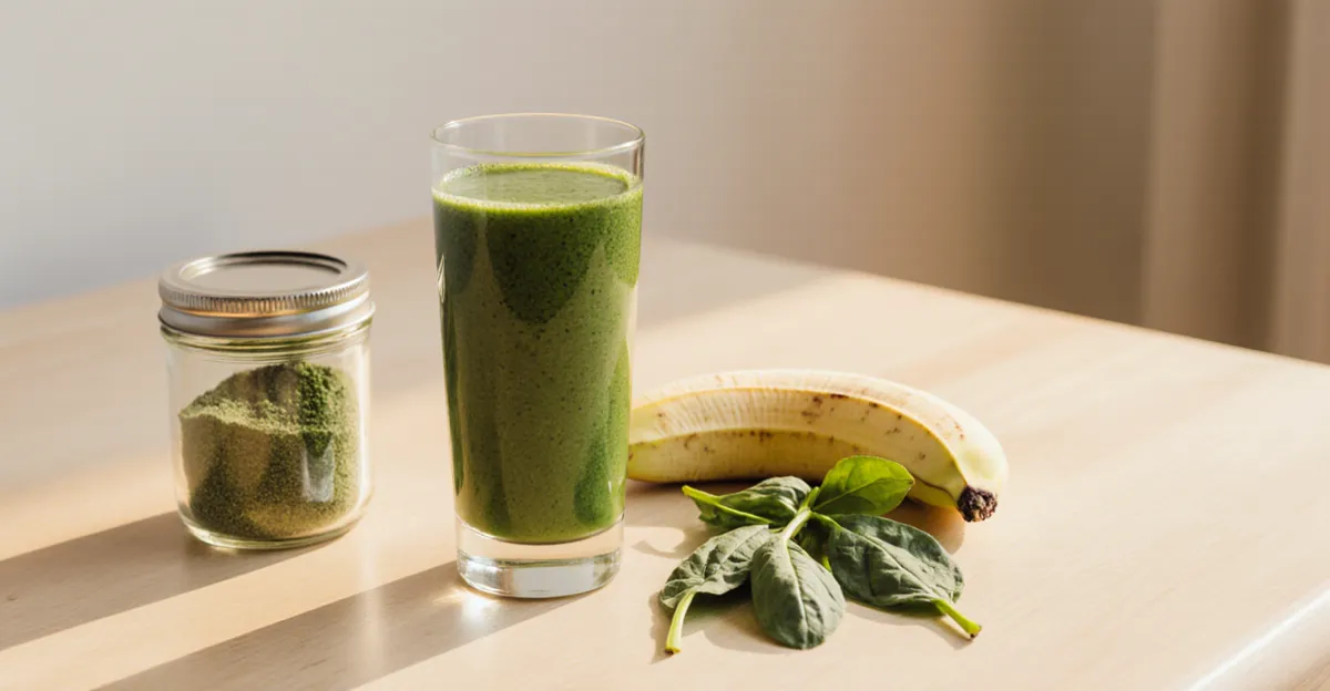 Morning wellness scene with vibrant green smoothie, greens powder jar, banana, and spinach on light wood table