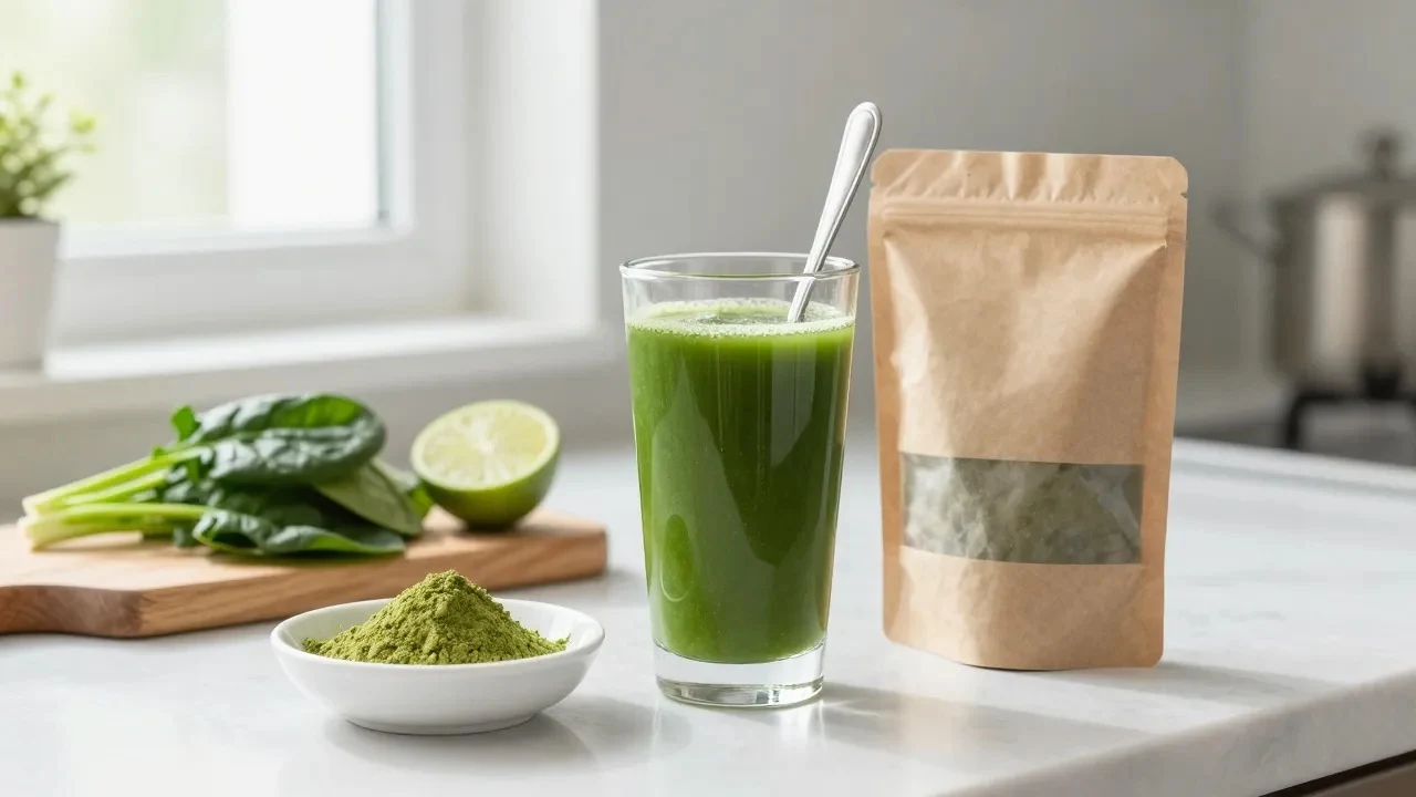 Tall glass of mixed green greens-powder drink with a spoon beside a small white dish of green powder, an unbranded kraft pouch, fresh spinach leaves and half a lime on a bright kitchen counter