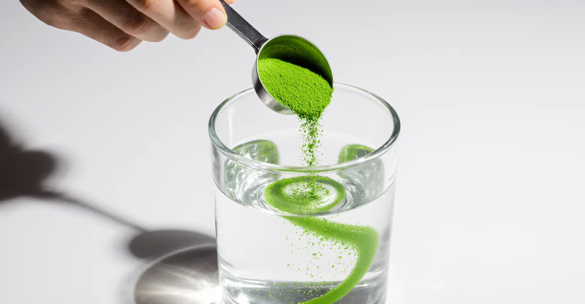 Measuring scoop of bright green supplement powder being poured into glass of water creating green swirls