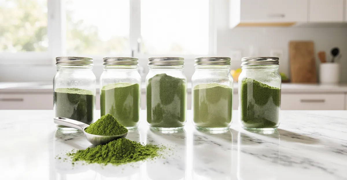 Five different greens powder supplements in clear glass jars on white marble countertop with morning sunlight