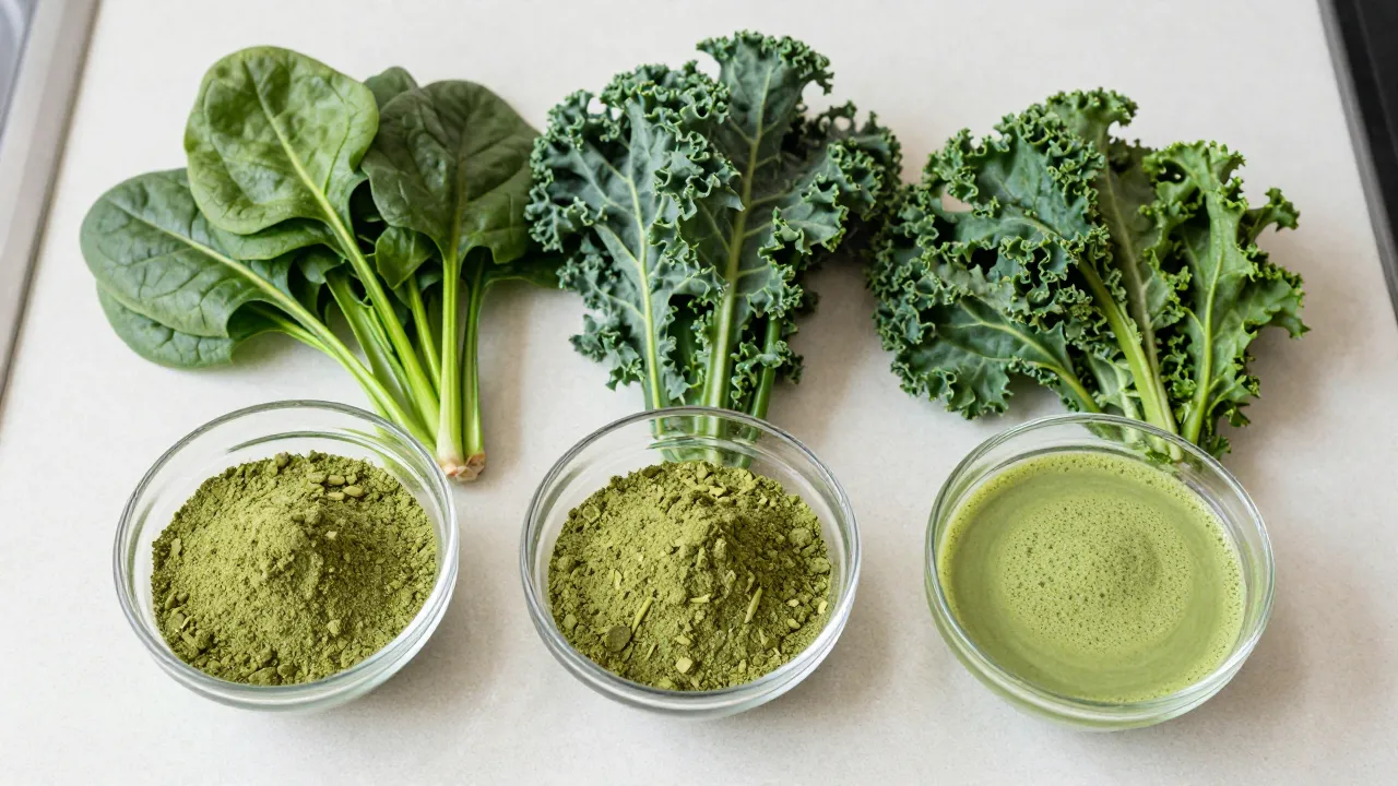 Greens powder supplements in glass bowls next to fresh spinach, kale, and matcha