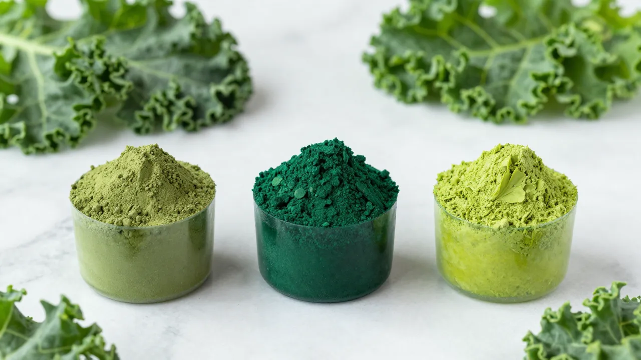 Three different colored greens powder scoops on white marble with fresh kale and spirulina