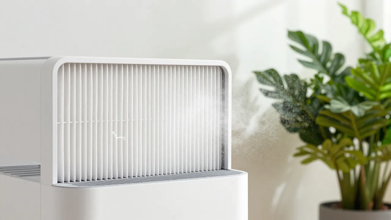 Air purifier filter close-up with fresh green plant nearby in bright modern room