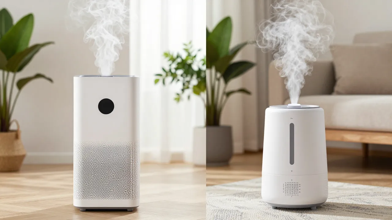 Split scene with air purifier and humidifier side by side in modern living room with plants
