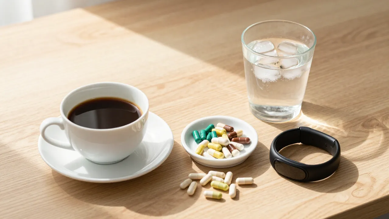 Biohacker morning routine with sorted supplement capsules in ceramic tray, coffee, and sleep ring