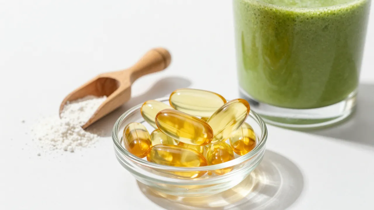 Golden omega-3 softgels, magnesium powder, and green smoothie on clean white surface