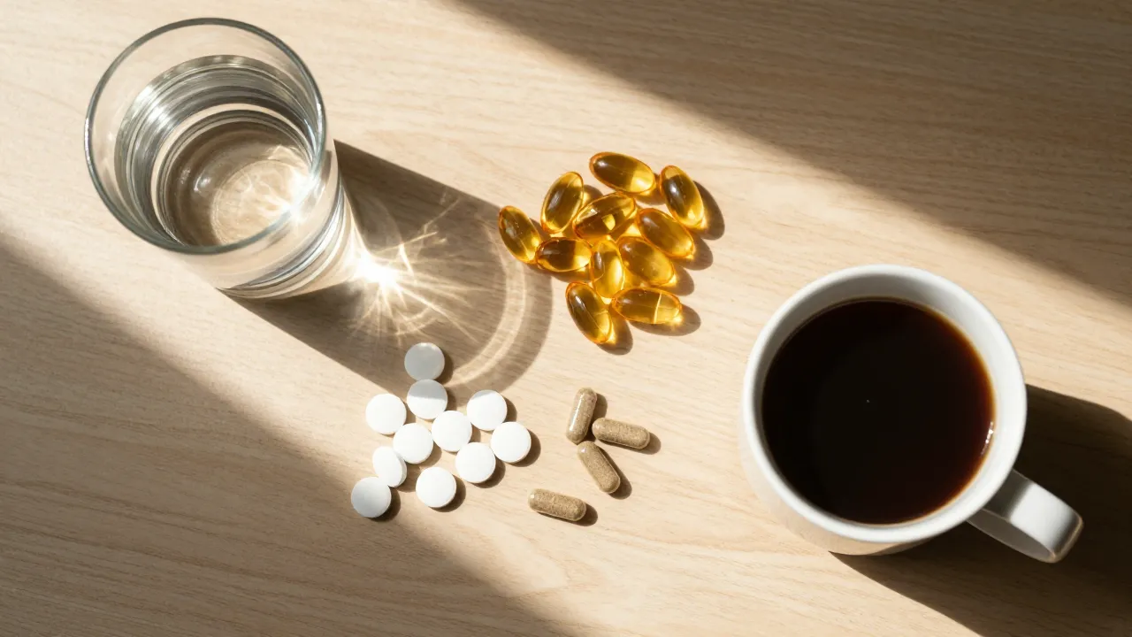 Morning supplement protocol flat-lay with omega-3 capsules, magnesium, coffee, and morning sunlight