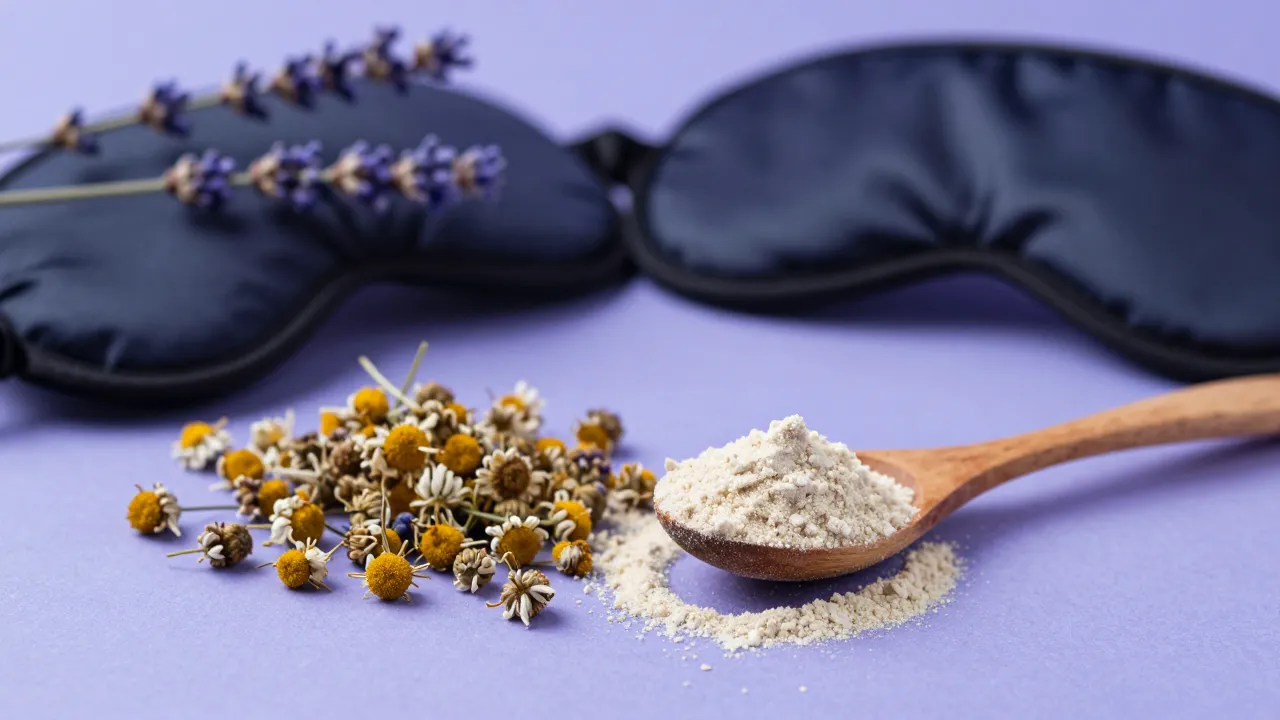 Dried chamomile buds and apigenin powder next to sleep mask and lavender sprigs