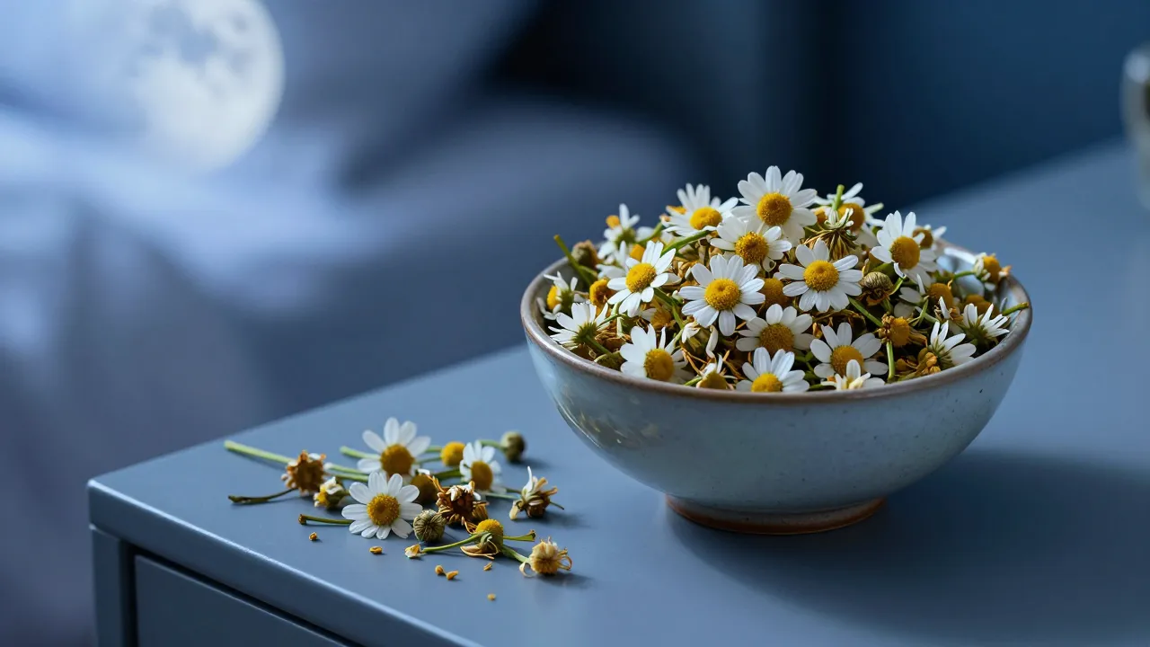 Apigenin-rich chamomile flowers in ceramic bowl on nightstand with soft moonlit blue lighting