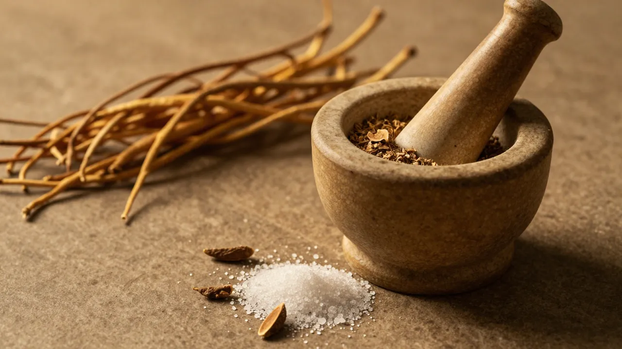 Mortar and pestle grinding ashwagandha root with magnesium crystals on stone countertop