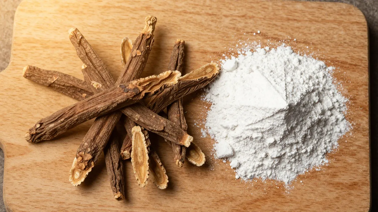 Dried ashwagandha root and magnesium powder on wooden cutting board with golden hour lighting
