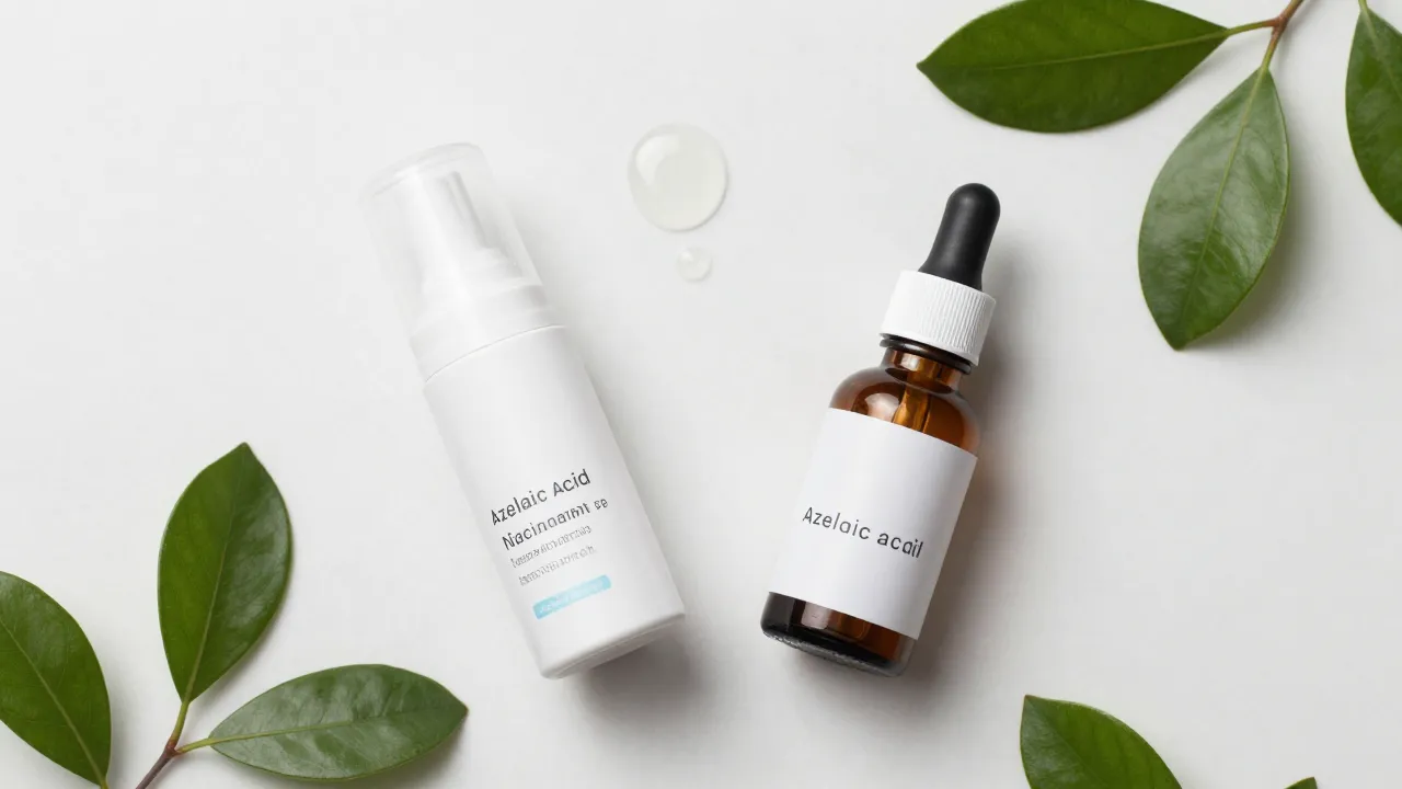 Azelaic acid cream and niacinamide serum droplets on marble surface with botanical leaves