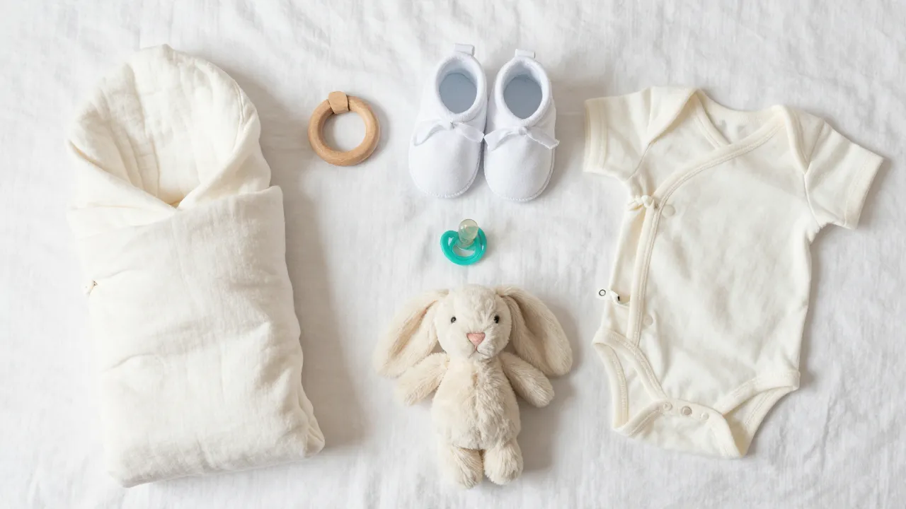 Neatly organized nursery shelf with folded baby clothes diapers and essential supplies