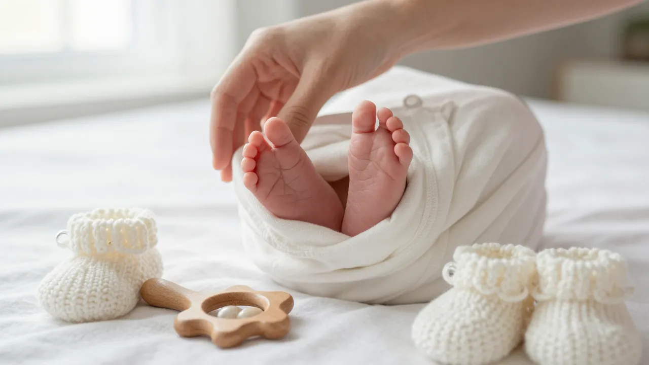 Parent gently swaddling newborn in a cozy nursery with soft natural light
