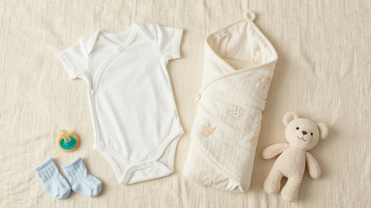 Warm overhead flat-lay of baby essentials on a cream muslin blanket with onesies swaddle pacifier and rattle