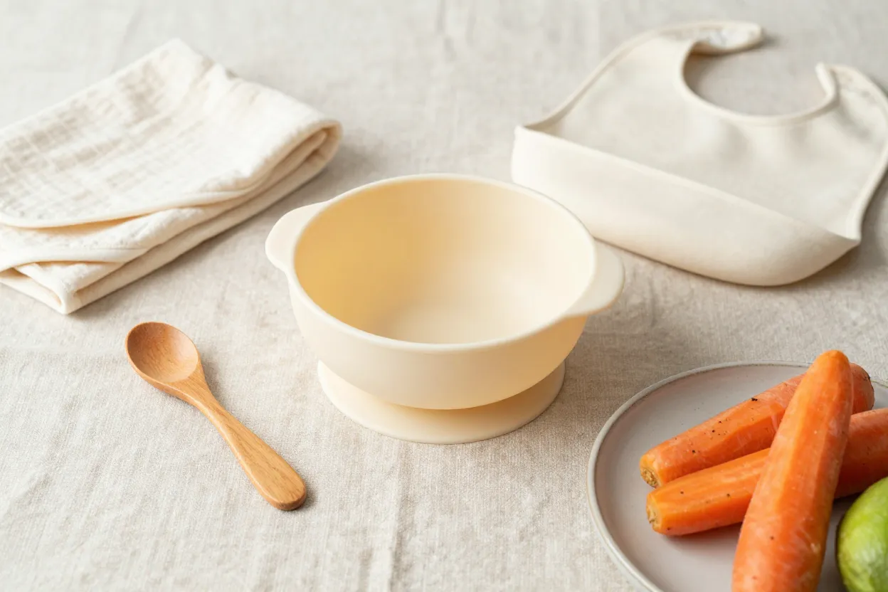 Baby-led weaning essentials on pale linen — small wooden spoon, silicone suction bowl in cream, folded muslin bib, small ceramic plate of soft steamed carrots and avocado