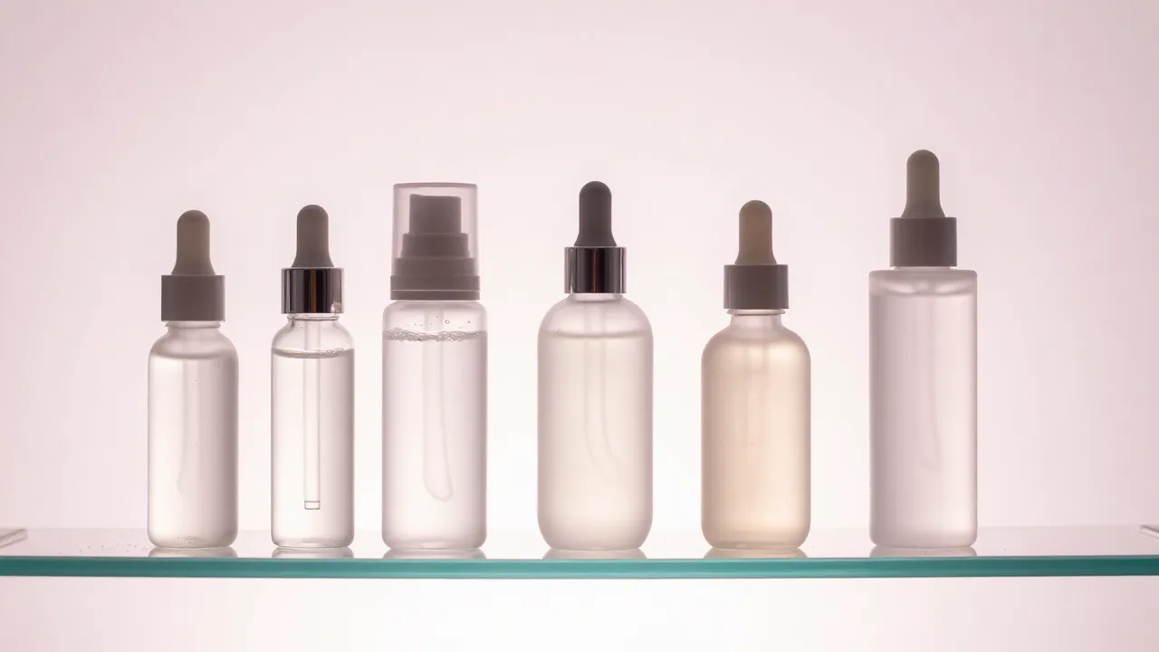 Glass skincare serums arranged lightest to heaviest on dewy glass shelf, K-beauty layering
