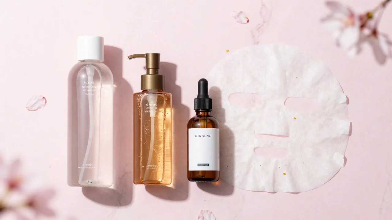 Korean beauty skincare flat-lay with rice water toner, snail mucin, and ginseng serum on pink marble