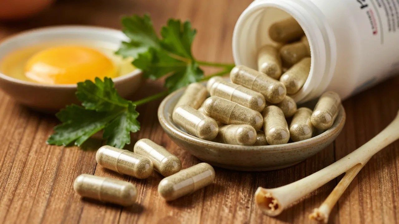 Freeze-dried organ supplement capsules spilling from ceramic dish with parsley and bone marrow