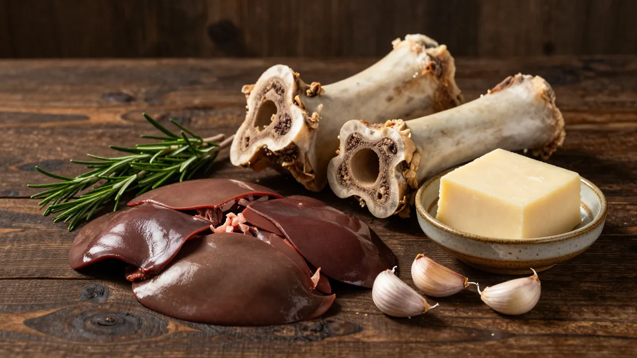 Ancestral nutrition ingredients on rustic dark wood — beef liver, bone marrow, tallow, and rosemary