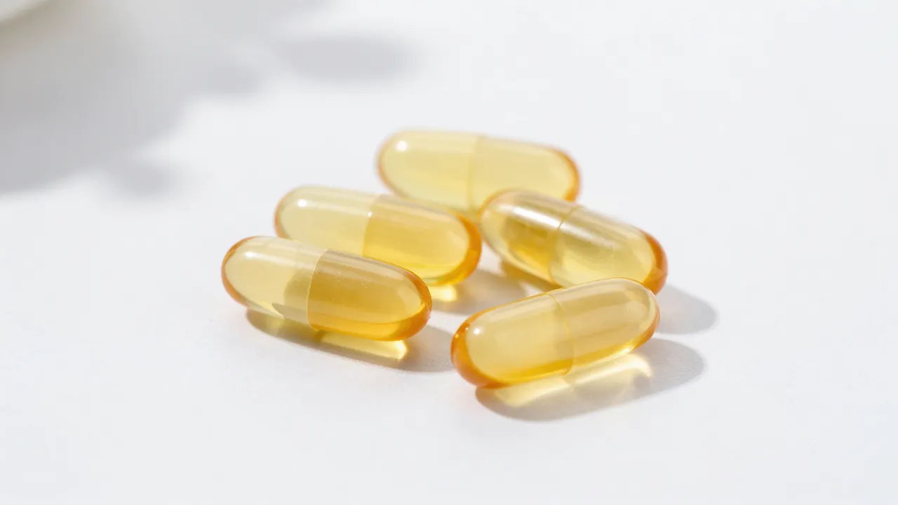 Golden yellow supplement capsules arranged on white marble with botanical shadow patterns