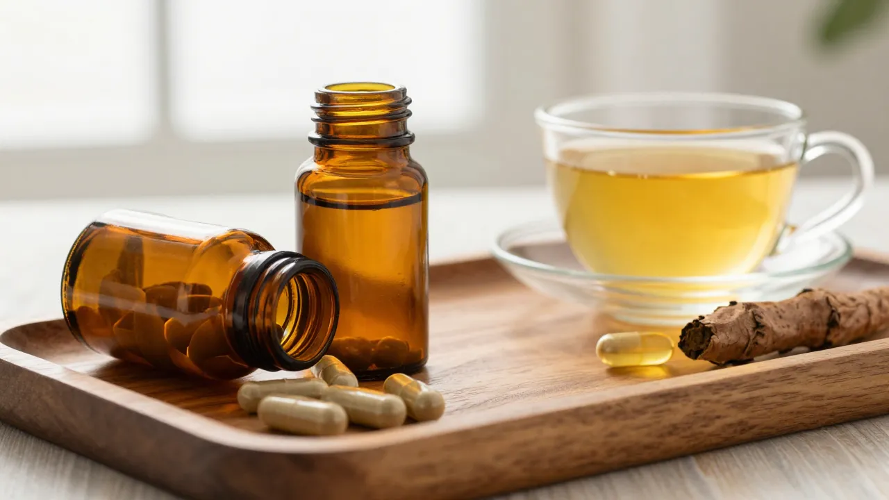 Amber glass supplement bottles and herbal capsules on a wooden tray beside golden turmeric tea