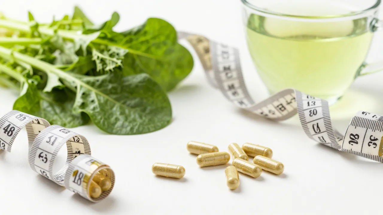 Healthy weight management scene with measuring tape, leafy greens, golden capsules, and green tea